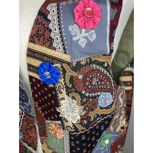 Patchwork Open Vest L Handmade Crazy Quilt Button Appliqué Granny Grandma Vtg Size L