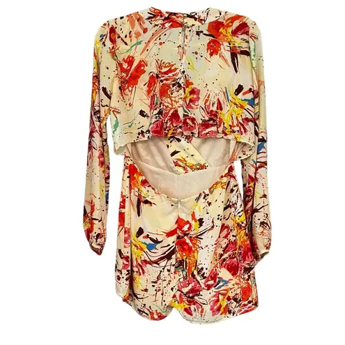 Ark & Co. Paint Splatter Print Cut Out Open Back Long Sleeve Shorts Romper, Sz M