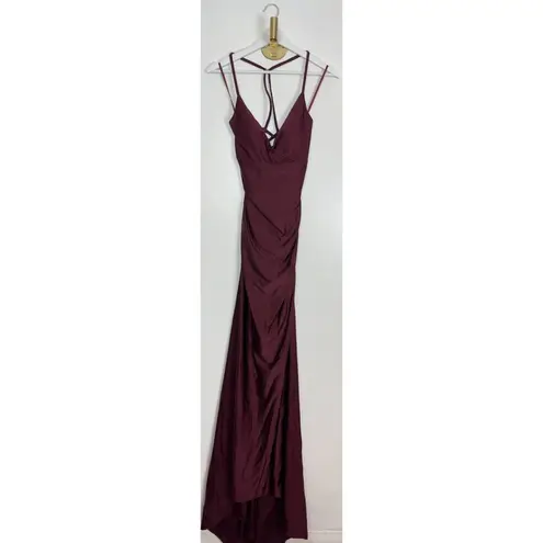 La Femme  Strappy Back Tie Trimpet Gown in Dark Berry Size US 8