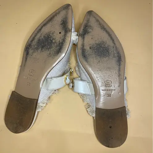 I Love Sandals Beige Linen Fringe Mule Flats Size 38 EU / 7 US White