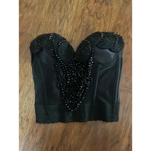 Vintage 70s Black Beaded Bustier UNION MADE Corset Size 34B BURLESQUE SEXY