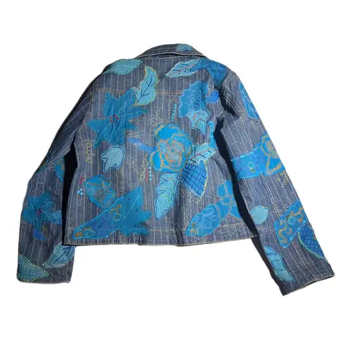 Vtg 1990s Chico's Blue Floral Applique Pinstripe Denim Open Front Jacket 1 M Size M