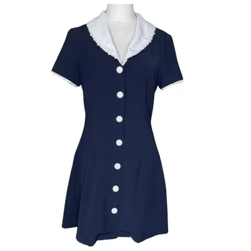 Cider Navy Blue White Lace Trim Collar Button Down Mini Dress Dark Academia
