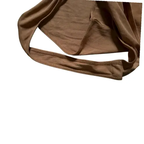 Elodie Tan Ribbed Crewneck Long Sleeve Thong Bodysuit NWOT