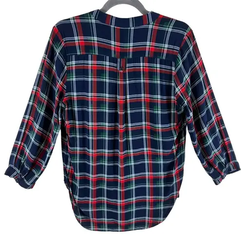 Market & Spruce Plaid 3/4 Roll Tab Sleeve 1/4 Button Up V-Neck Blouse Size M
