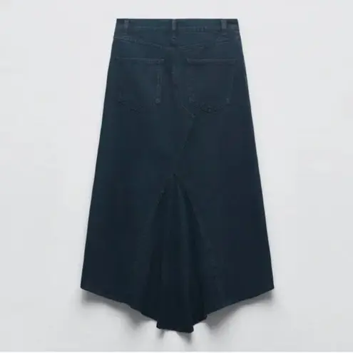 ZARA  High Rise Five Pocket Denim Midi Fishtail Skirt Dark Navy Blue Large