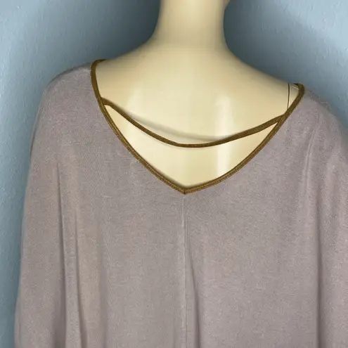 Ella Blue Blouse With Dolman / Batwing Sleeves Tan Belted Size Large