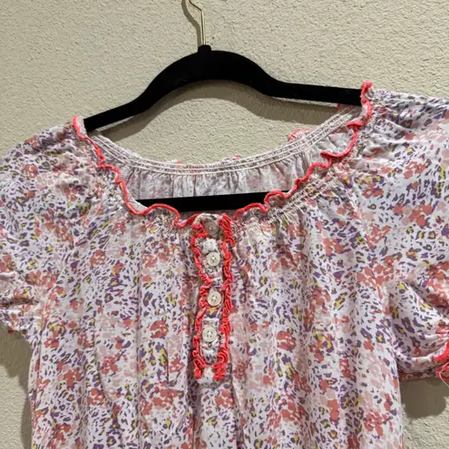Women's Floral Smocked Blouse Short Sleeve Button Front Ruffle Trim Top Pink