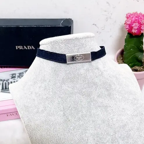 Prada Authentic  Navy & Silver Metal Logo Elastic Choker / Bracelet