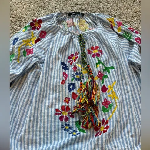 ZARA  BBWM Woman Striped Floral Fruit Embroidered Balloon Sleeve Boho Peasant Top