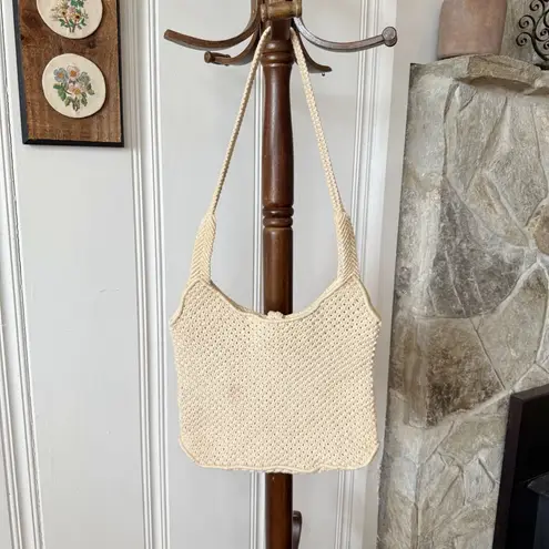 Vintage 1970s Cotton Macrame Woven Cream Crochet Shoulder Bag White