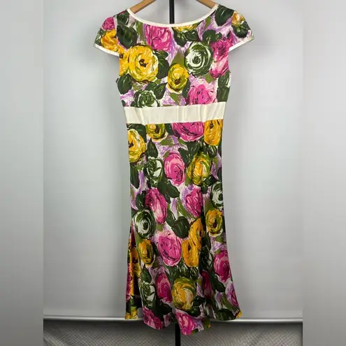 Ports International Multicolor Floral 100% Silk Short Cap Sleeve Flowy Dress Green Size 6