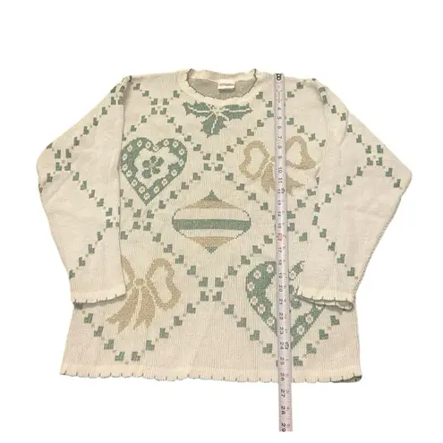 Holiday Time VTG Christmas Sweater S Mistletoe Glitter Ornaments Holiday Bow Gold Green