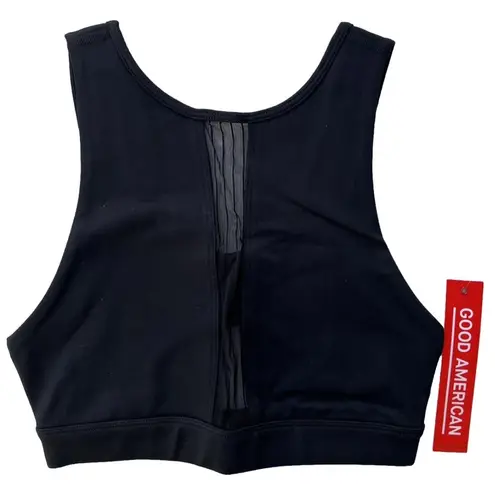 Good American black pin tuck mesh sports bra | open cut out back | mesh accent