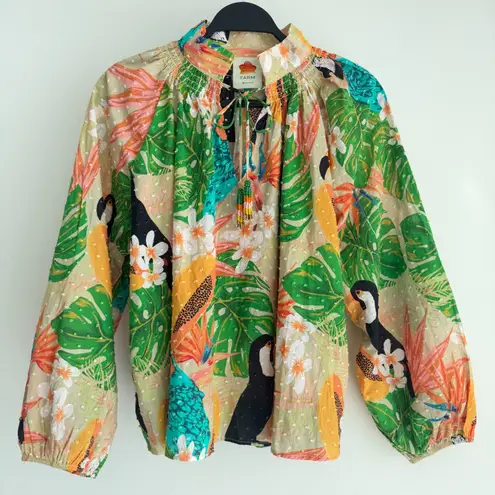 Farm Rio Blouse XS Beach Palm Floral Toucan Tropical Peasant Balloon Sleeve