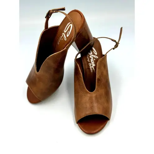 sbicca Real Leather Sling Back Chunky Heel Peep Toe Windor Brown size 7
