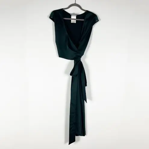 BHLDN x Anthropologie Green Satin Short Sleeve Belted Wrap Midi Dress 16 Wide