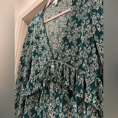 Topshop Deep V-Neck Emerald Green Floral Printed Long-Sleeve Flowy Romper - 6