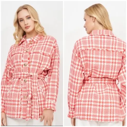 ZARA  Tweed Houndstooth Belted Pink/White Plaid Boucle Jacket‎ Size XS