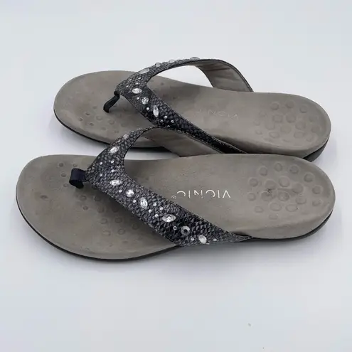 Vionic Lucia Toe Post Flip Flop Sandals Size 10 Slate Grey Snakeskin Rhinestone