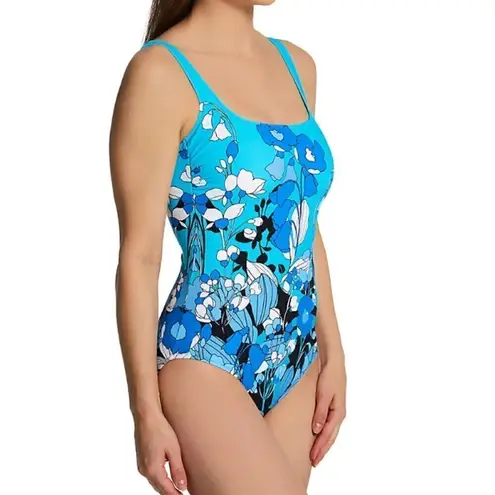 New! Gottex Floral Art Square Neck One Piece Swimsuit Blue Size 8
