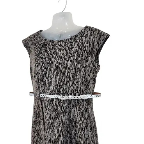 Connected Apparel Geometric Cap Sleeve Belted Sheath Dress Black Gray Size 6