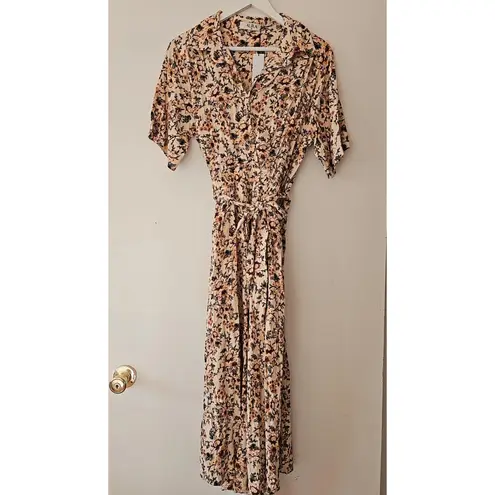 Aura Floral Boho Waist Tie Button Up Shirt Dress Size M Neutral Tones