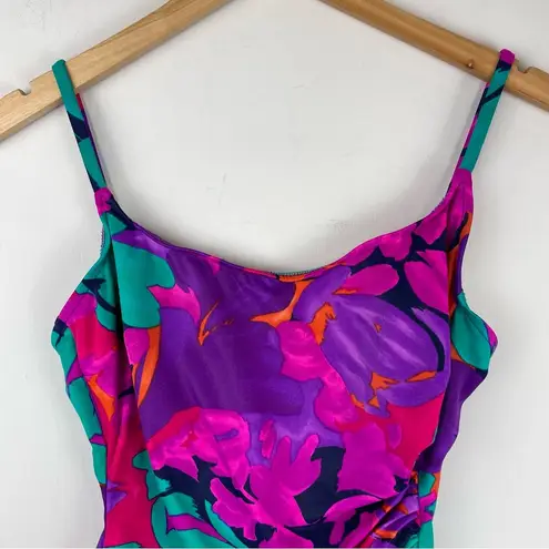 Vtg Y2K Abstract Swim One Piece Sz 16 High Cut Neon Floral Print Ruched Pink