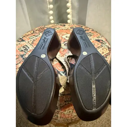 Donald Pliner Wedge Flip Flops Floral Embellishment Tan Leopard 7.5 boho fairy