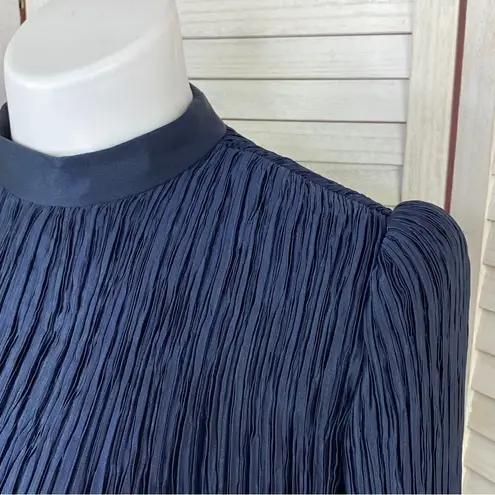 Vintage Pierre Labiche Plisse Satin Scrunch Pleated Puff Sleeve Blouse Blue 16 Blue