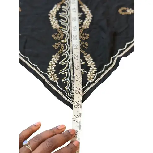 Black Embroidered Sheer Scarf Evening Wrap Shawl Gold & White Beaded Detailing