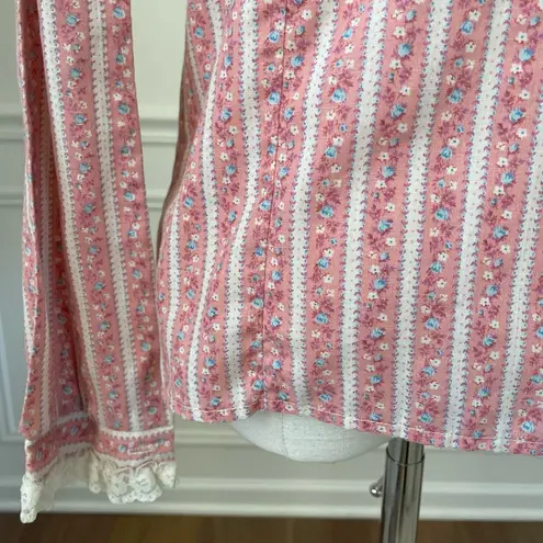 Vintage 70s Cottage Core Country Bicentennial Blouse Calico Lace S Pink