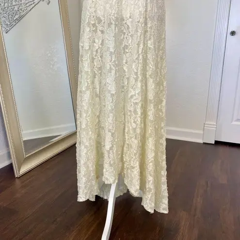 Whimsygoth Vintage Made in USA Cream White Sheer Floral Lace Midi Maxi Dress L Size L