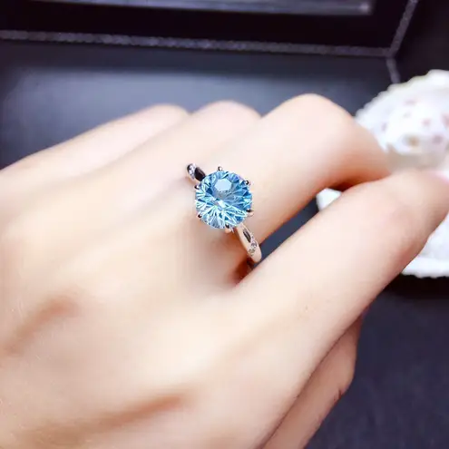 18K White Gold Plated Adjustable Blue Crystal Aquamarine Sapphire Ring for Women