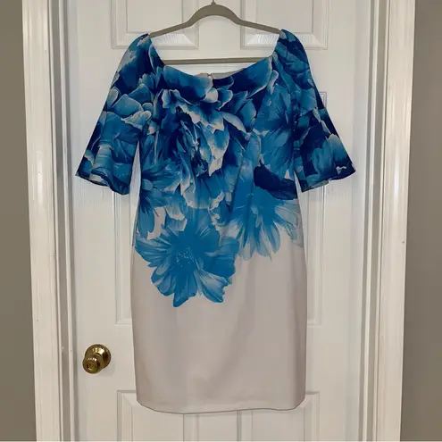 Donna Ricco White Blue Floral Off the Shoulder Bell Sleeve Dress 12 *TINY FLAW