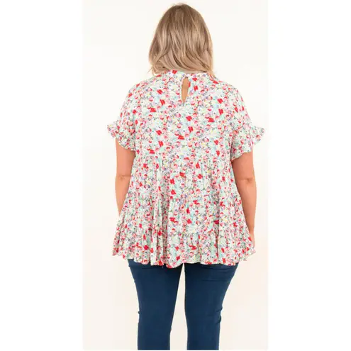 OTT Full On Love Top in Mint Coral Ruffled & Flowy Babydoll Top Size 1X Green