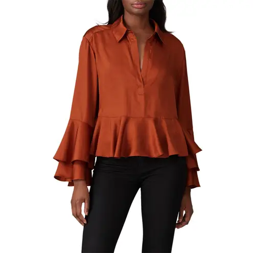 Cinq à Sept Cinq a Sept Kirin Orange Satin Ruffled Bell Sleeve Collared Blouse Top Size XS
