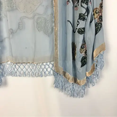 Vintage Light Blue Silk Beaded Floral Tassel Kimono S
