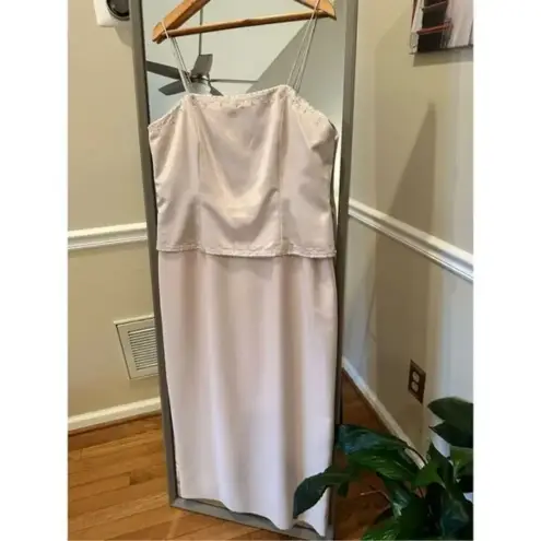 Elegant Champagne Satin Midi Dress with Beaded Trim – Formal Size 16