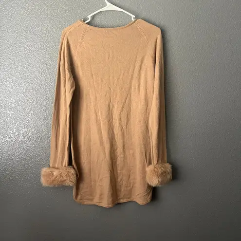 Tan Beige Knit Tunic Sweater Faux Fur Cuffs High