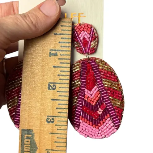 NWT KAY LEE NEW YORK Earrings Red Pink Gold Dangle Beaded Statement Oval Boho