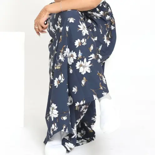 B My Story Blue Floral Hummingbird Ultra High Waist Wide Leg Parachute Pants Size L