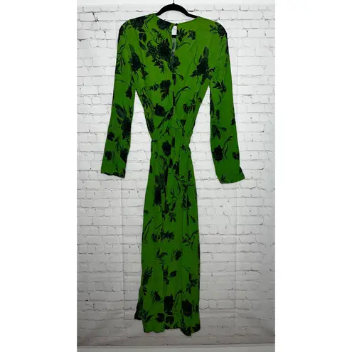 Something Navy Green Black Floral Long Sleeve Midi Dress Tie Waist Pockets S