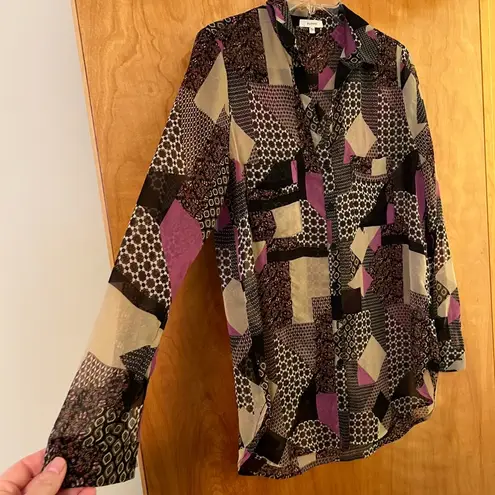 Pleione Women's Patchwork Art Print Tunic Blouse Top Button Down Shirt Small