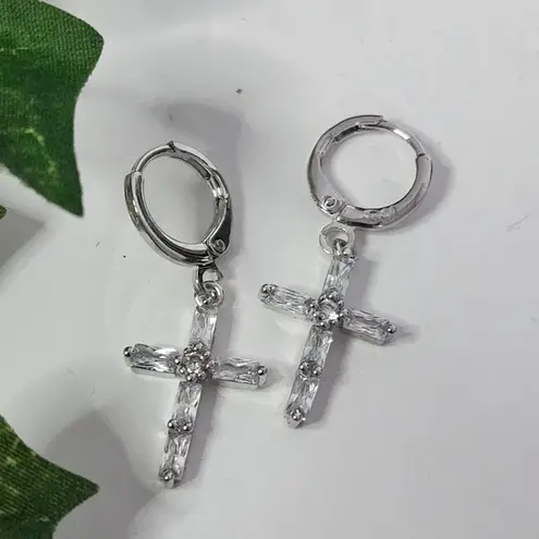 Silver Huggie Cross with Crystals Earrings