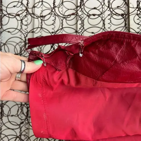 Vint 60s 70s Red Leather & Silver Fox Fur Collar Mrs Claus Christmas Trench Coat Size XL