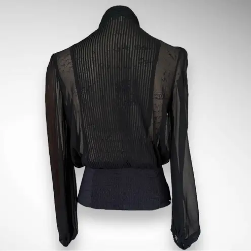 AN'GE Black Long Sleeve Semi Sheer High Neck Blouse W/ Pleated Detailing | EUC