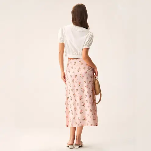 Rihoas Pink Floral Satin Straight Midi Skirt Size L