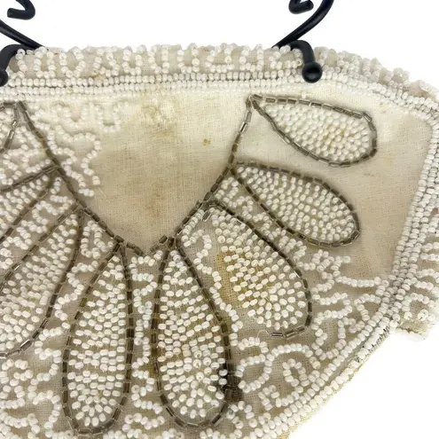 Vintage Hand Beaded Art Deco Clutch Wristlet Half Moon Shell Shape Ivory Bell