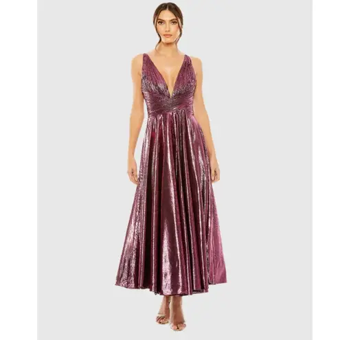 Mac Duggal Rose Pink Sleeveless V Neck Pleated Top Metallic Dress Size M